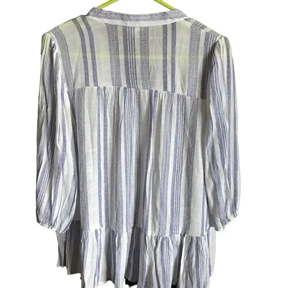 Blu pepper blue white striped blouse top 3/4 sleeve size Large Ruffle